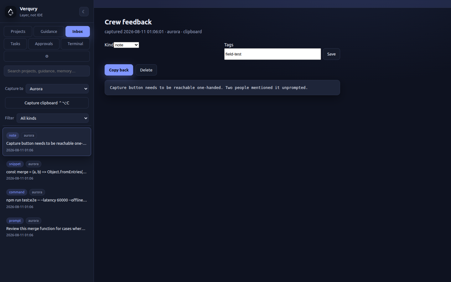 Verqury artifact inbox with captured prompts and commands